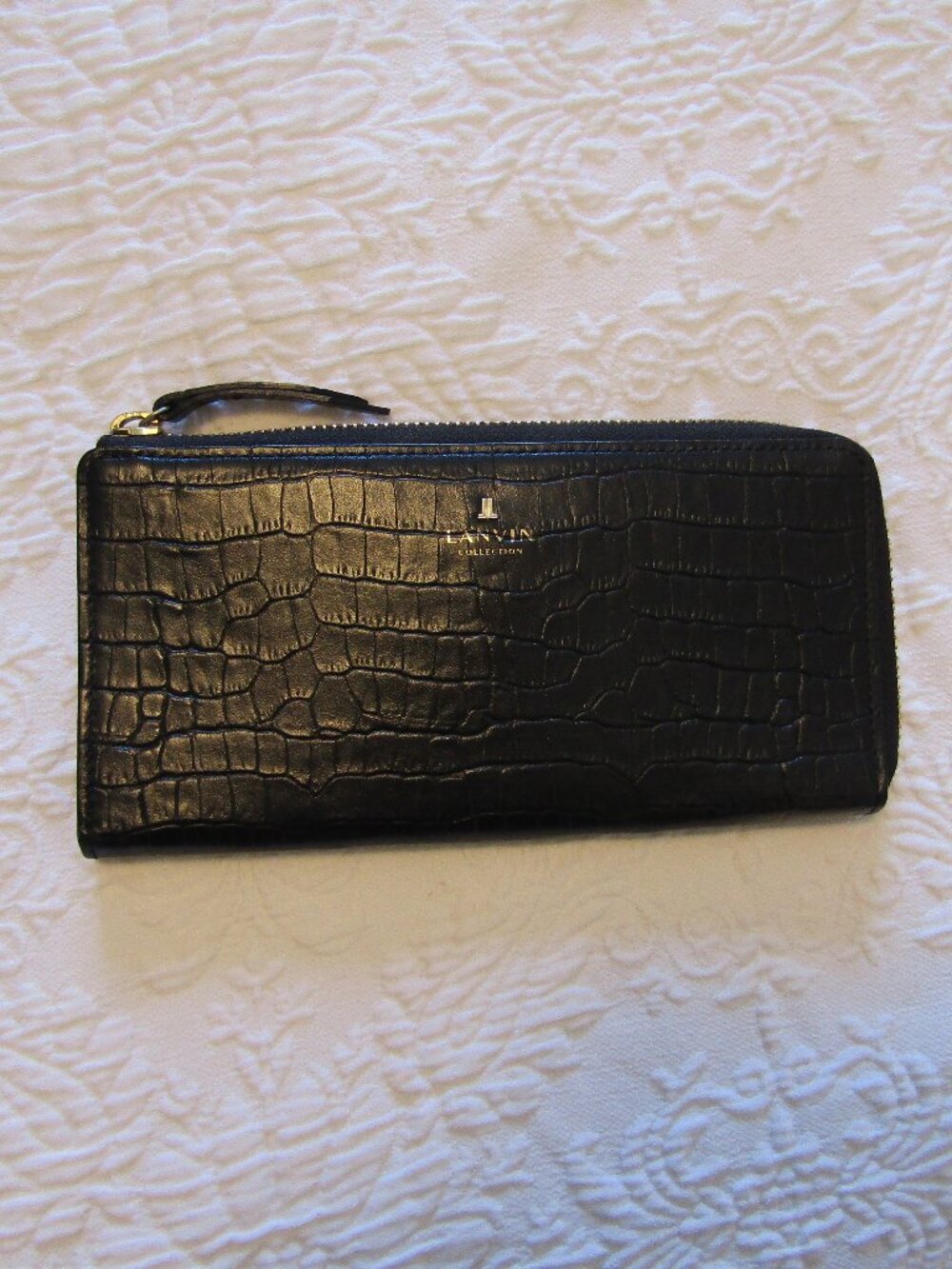 LANVIN Collection Black Croc Embossed Leather Zip Around Wallet.